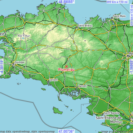 Topographic map of Pluméliau