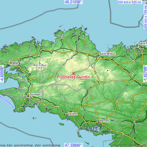 Topographic map of Plounévez-Quintin