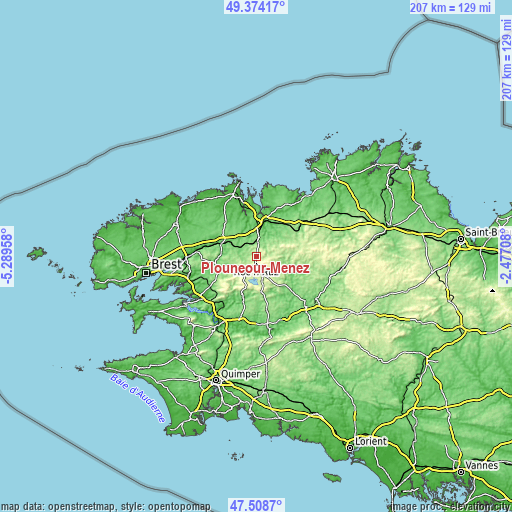 Topographic map of Plounéour-Ménez