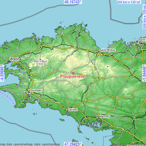 Topographic map of Plouguernével