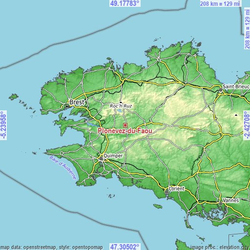 Topographic map of Plonévez-du-Faou