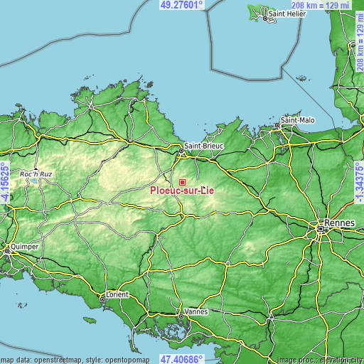 Topographic map of Plœuc-sur-Lié