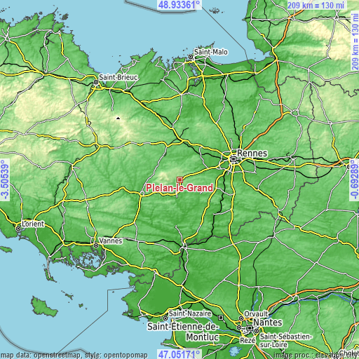 Topographic map of Plélan-le-Grand