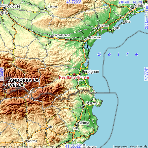 Topographic map of Pézilla-la-Rivière