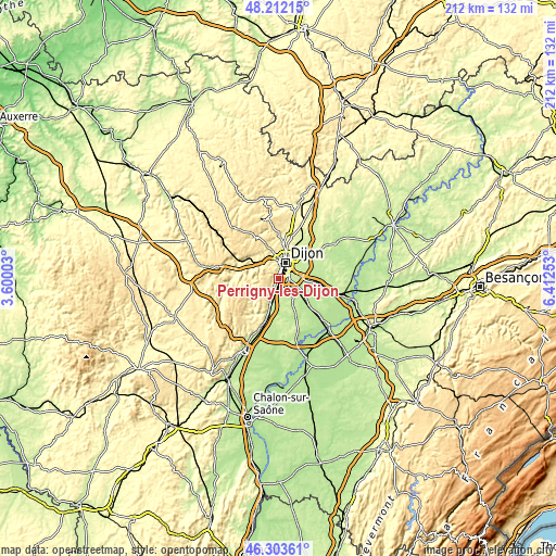 Topographic map of Perrigny-lès-Dijon