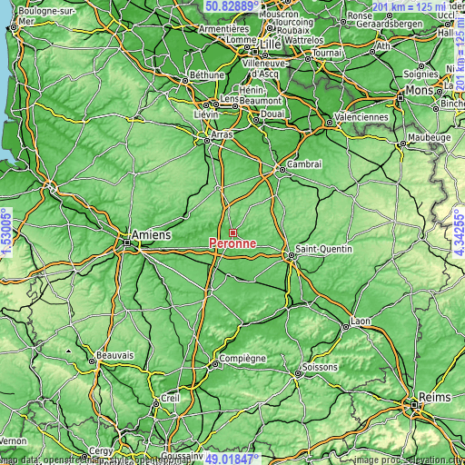 Topographic map of Péronne