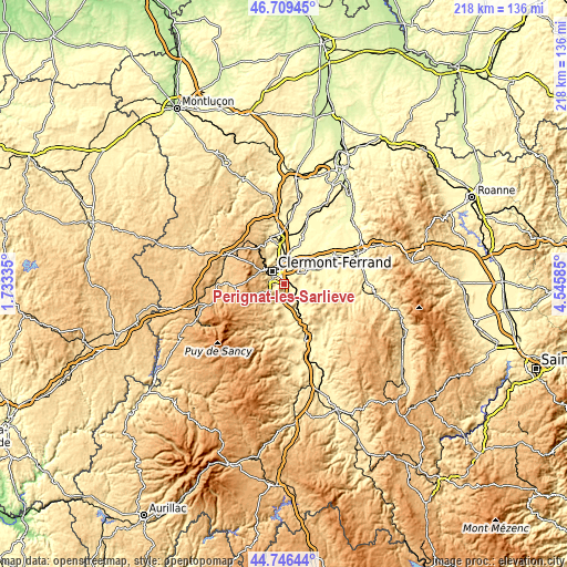 Topographic map of Pérignat-lès-Sarliève