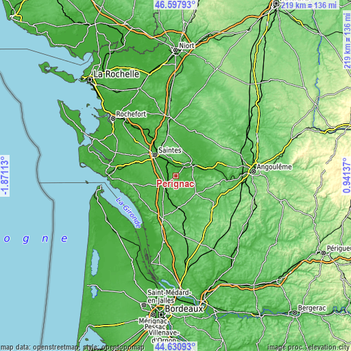 Topographic map of Pérignac