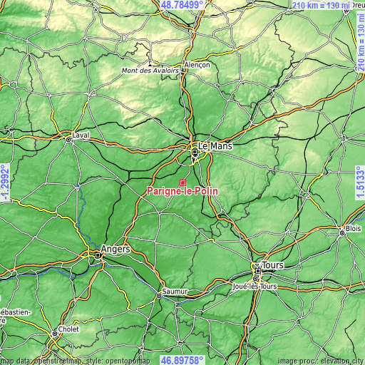 Topographic map of Parigné-le-Pôlin