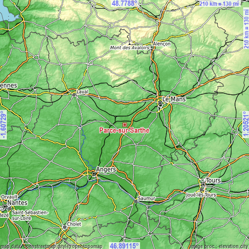 Topographic map of Parcé-sur-Sarthe