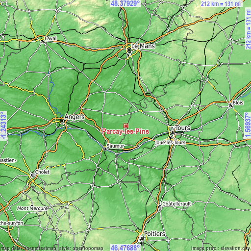 Topographic map of Parçay-les-Pins