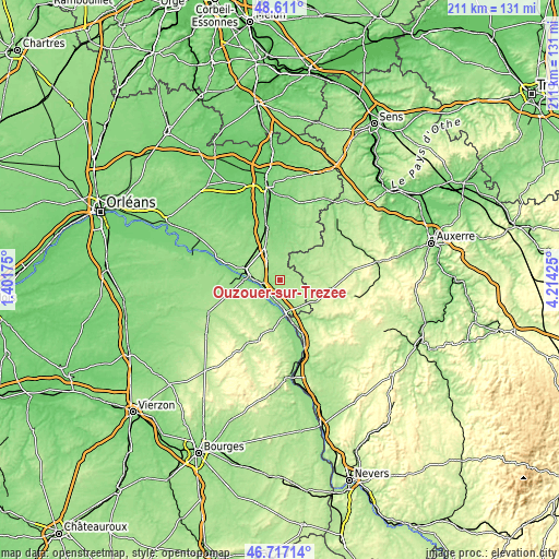 Topographic map of Ouzouer-sur-Trézée