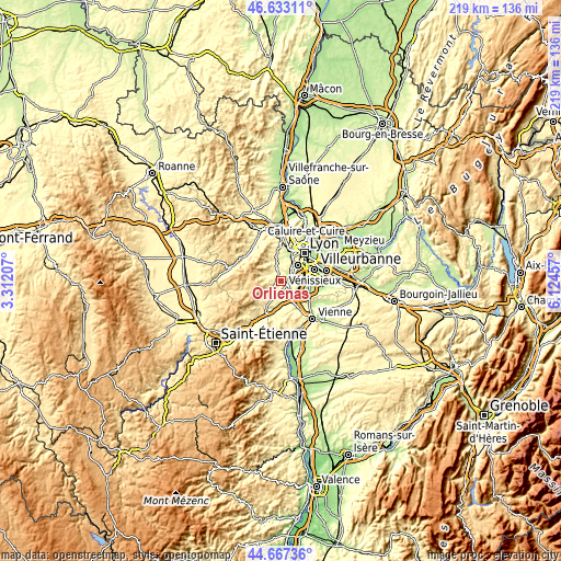 Topographic map of Orliénas