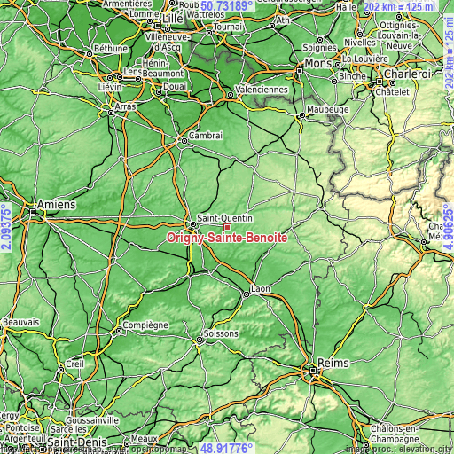 Topographic map of Origny-Sainte-Benoite