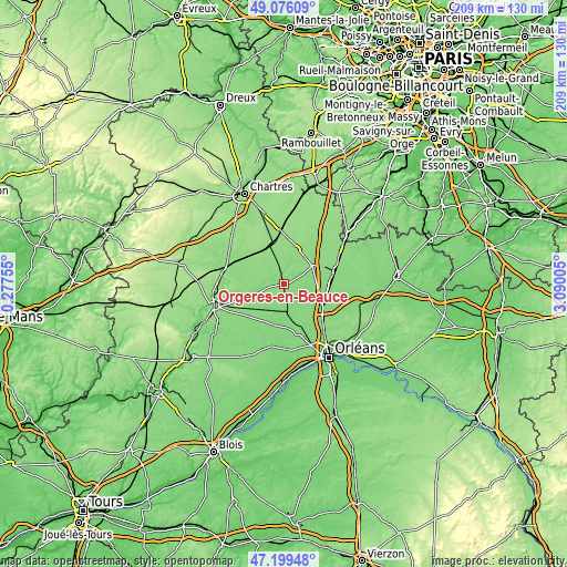 Topographic map of Orgères-en-Beauce