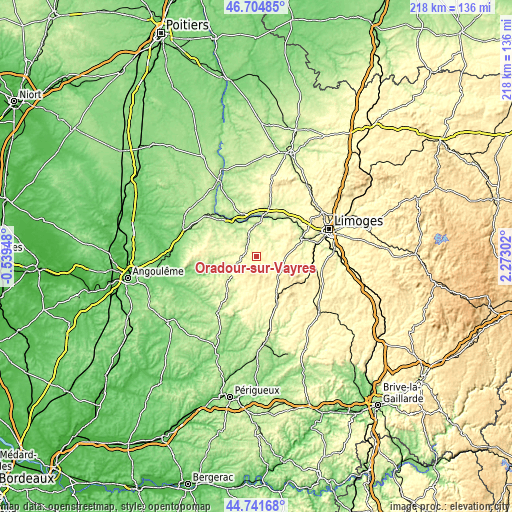 Topographic map of Oradour-sur-Vayres