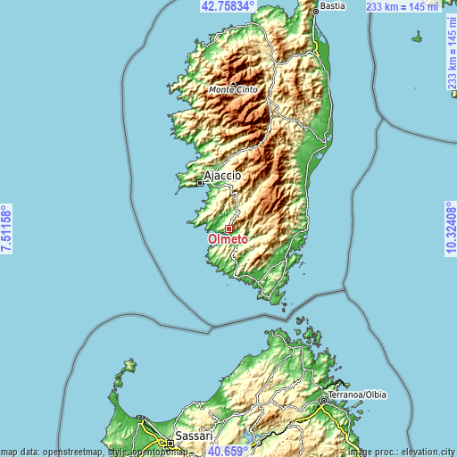 Topographic map of Olmeto