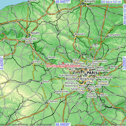 Topographic map of Oinville-sur-Montcient