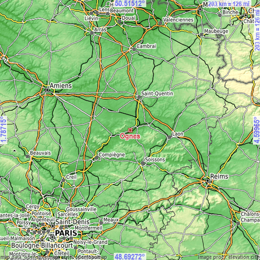 Topographic map of Ognes