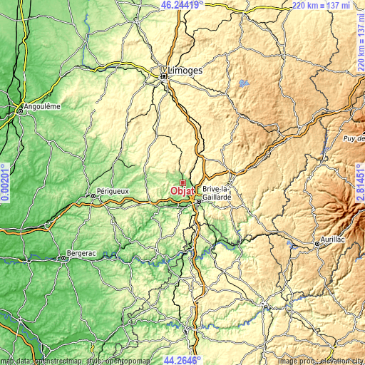 Topographic map of Objat