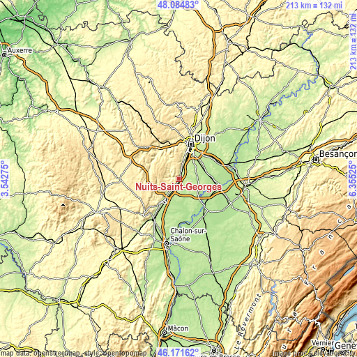 Topographic map of Nuits-Saint-Georges