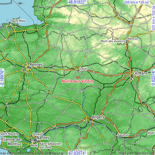 Topographic map of Nuillé-sur-Vicoin