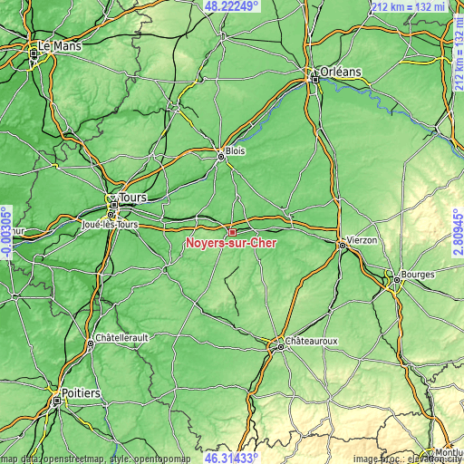 Topographic map of Noyers-sur-Cher