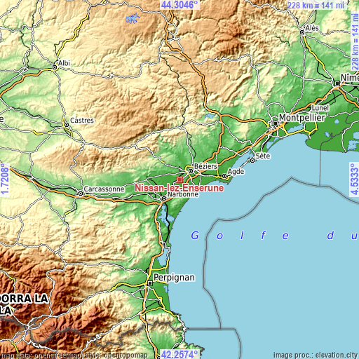 Topographic map of Nissan-lez-Enserune