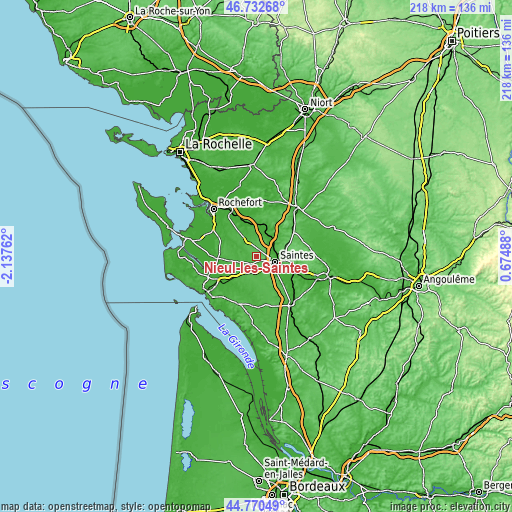 Topographic map of Nieul-lès-Saintes