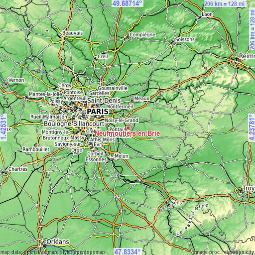 Topographic map of Neufmoutiers-en-Brie