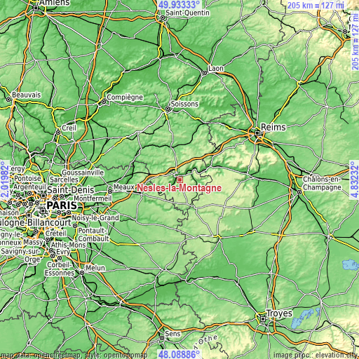 Topographic map of Nesles-la-Montagne