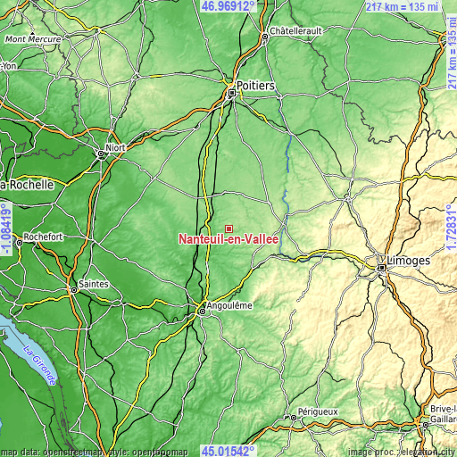 Topographic map of Nanteuil-en-Vallée