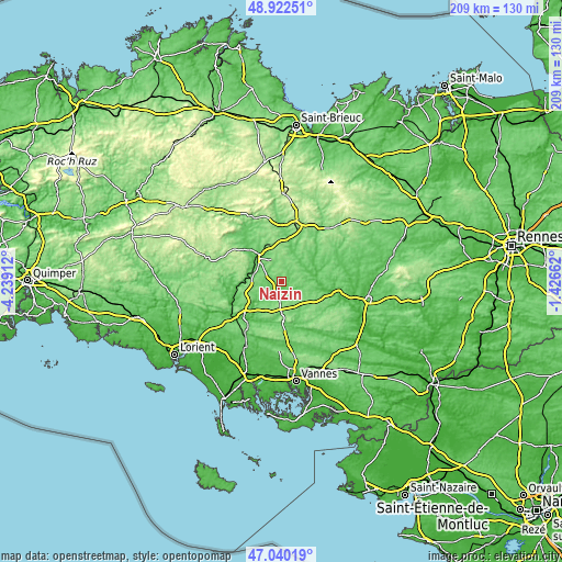 Topographic map of Naizin