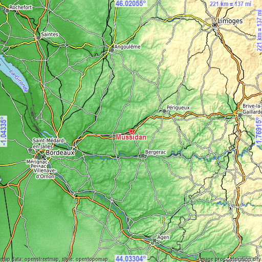 Topographic map of Mussidan