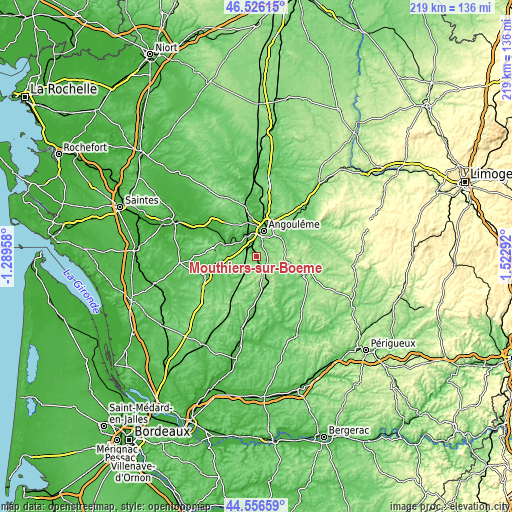 Topographic map of Mouthiers-sur-Boëme