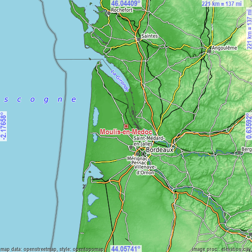 Topographic map of Moulis-en-Médoc