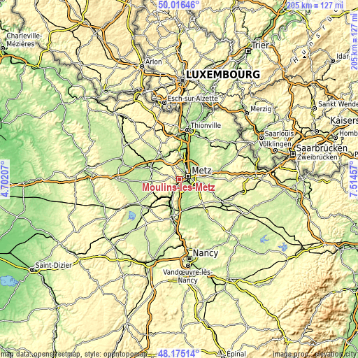 Topographic map of Moulins-lès-Metz