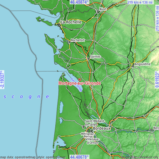 Topographic map of Mortagne-sur-Gironde