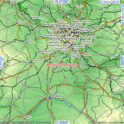 Topographic map of Morigny-Champigny