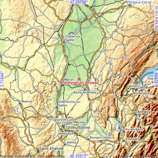 Topographic map of Montrevel-en-Bresse
