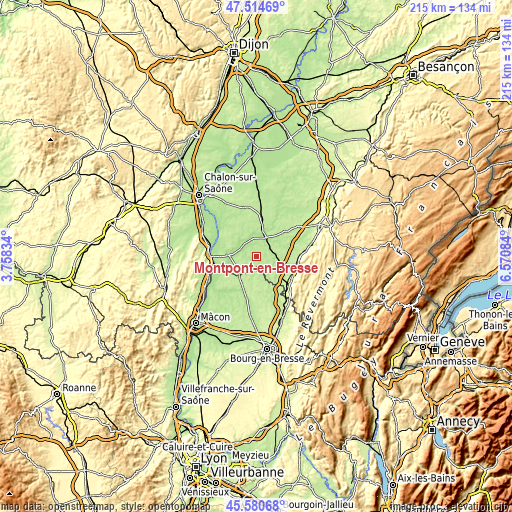 Topographic map of Montpont-en-Bresse