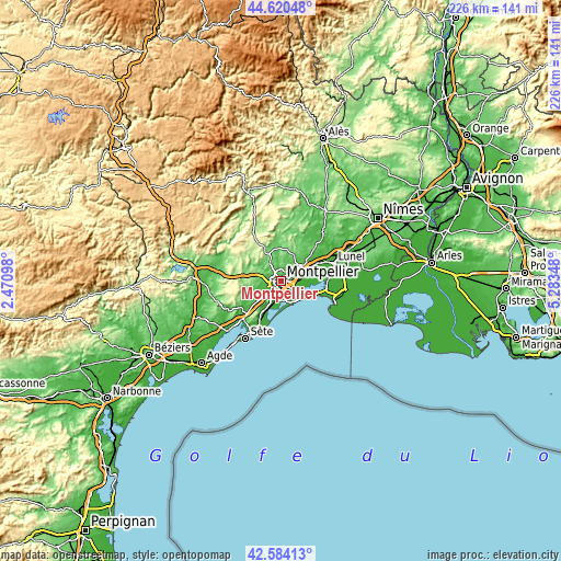 Topographic map of Montpellier