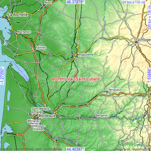 Topographic map of Montmoreau-Saint-Cybard