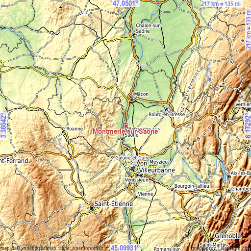 Topographic map of Montmerle-sur-Saône