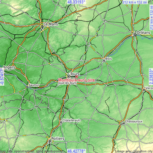 Topographic map of Montlouis-sur-Loire