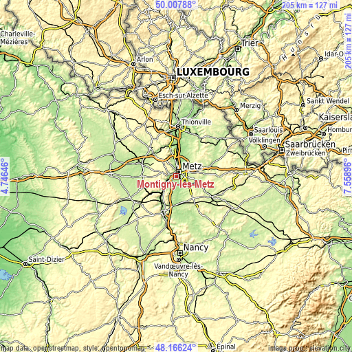 Topographic map of Montigny-lès-Metz
