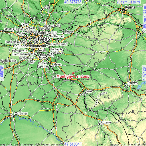 Topographic map of Montigny-Lencoup