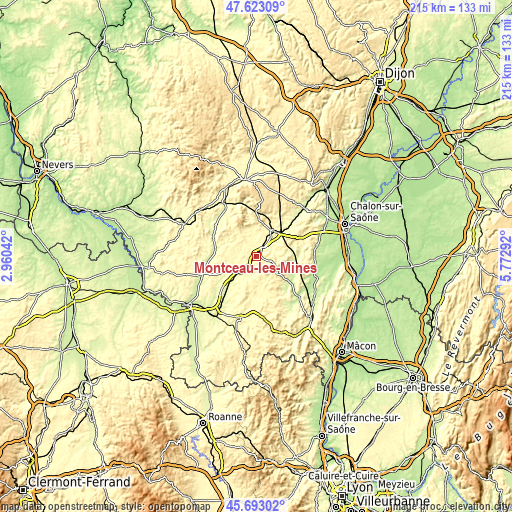 Topographic map of Montceau-les-Mines