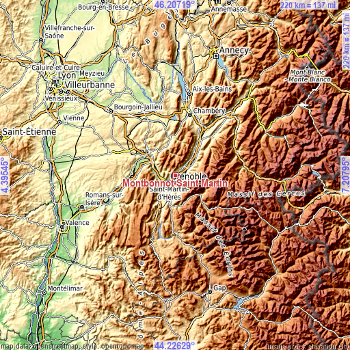 Topographic map of Montbonnot-Saint-Martin