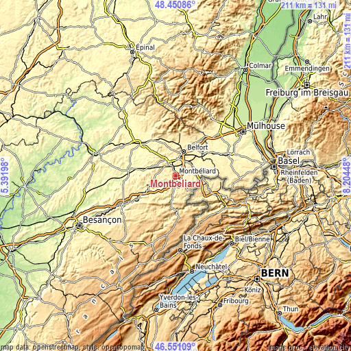 Topographic map of Montbéliard